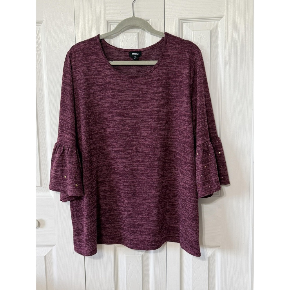 Tacera Womens 2X Plus Purple Marled Knit Bell Sleeve Studded Blouse 9816HNX